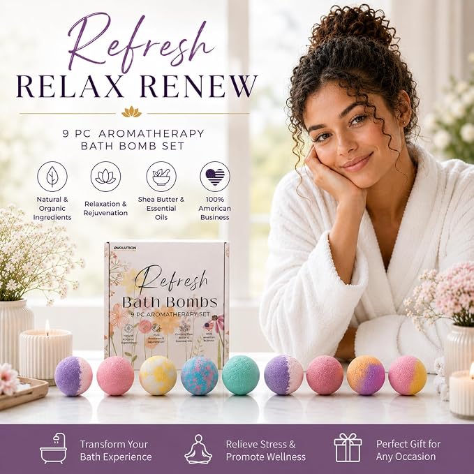 EvolutionUSA 9 Refresh Bath Bombs for Women – Fun Bath Bombs Mini Sized, Fun Womens Gift for Mother’s Day, Easter, Valentines, Birthday or Self Care, Organic Bathbombs Kids & Women, Bath Fun