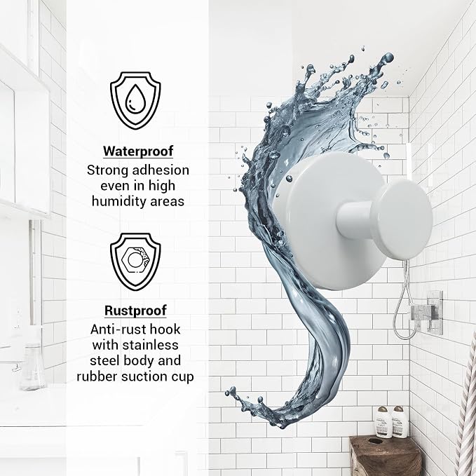 Suction Cup Hooks for Shower - 4 Pack, White - Stainless Steel, Strong Suction, No Drill, Removable Hanger, Tile Bathroom Kitchen Wall, Glass Door, Mirror Hook Hanging Robe, Towel Holder
