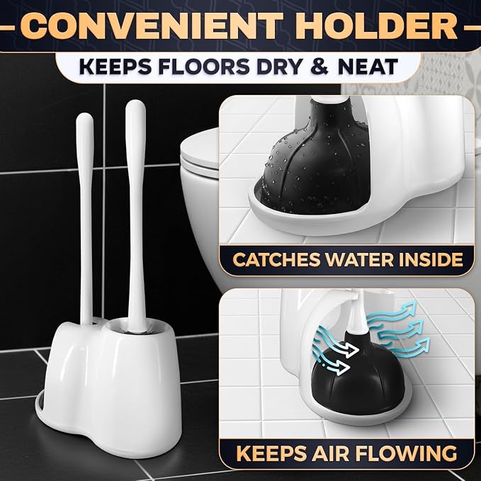 2 in 1 Toilet Plunger and Brush Set White - Toilet Brush and Plunger Set White with Stiff Bristles, Strong Vacuum Suction and Holder - Space-Saving Stand, Fits Most Standard Toilets, 6.4×5.5×17.1 inch