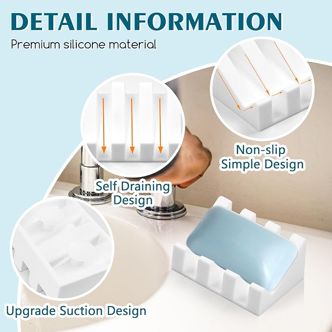 Silicone Soap Dish Self Draining with Suction Cups (Black-White) | Waterfall drainage design drains fast to keep soap dry silicone soap saver with reusable suction cups for bathroom & kitchen