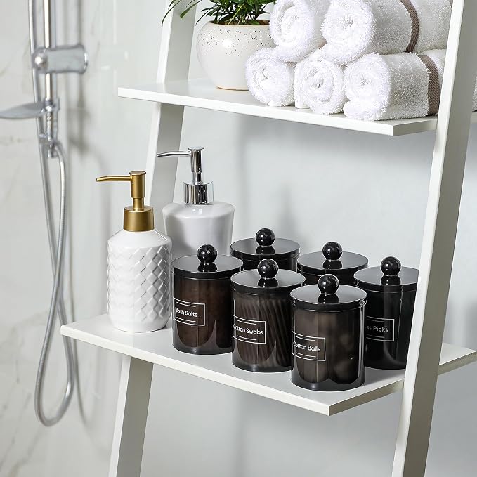2 Pack Acrylic Qtip Holder Dispenser for Cotton Swabs, Balls, Floss Picks | Thick, Clear Black, w/ Labels - Small Canister Apothecary Jar Set, Bathroom Decor Essentials, Shelf Vanity Storage Organizer
