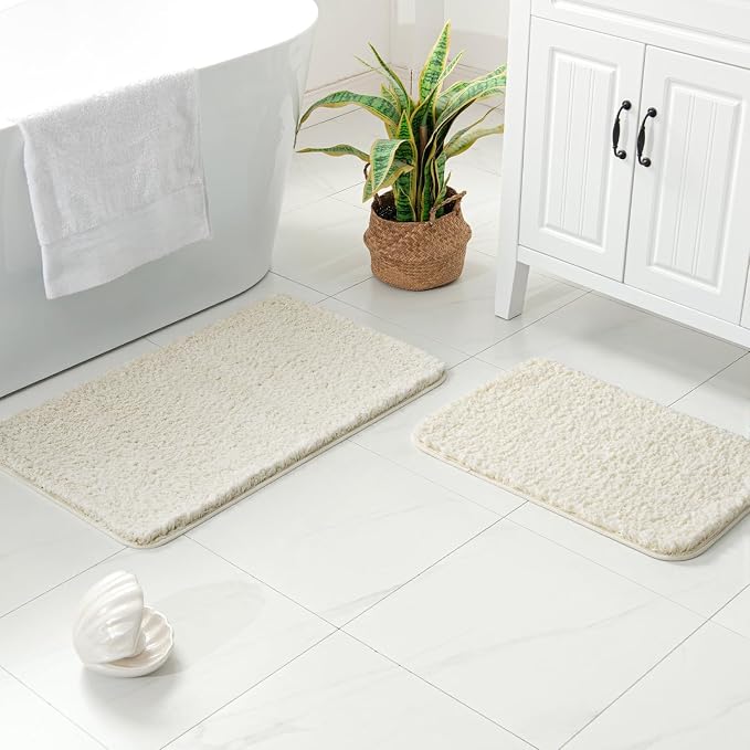 MIULEE Ivory Bathroom Rugs Set 2 Piece Soft Bath Mats 16x24+20x30 Inch | Soft Absorbent Microfiber Bath Rugs, Non Slip, Quick Dry, Fluffy Bath Rugs for Bathroom Floor Tub Showers, Machine Washable