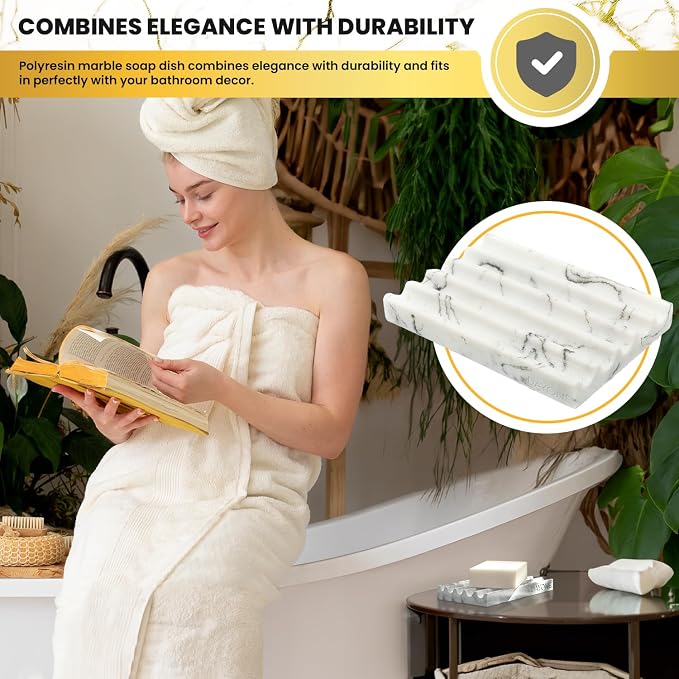 DAY1 Marble Soap Dish Tray – Bathroom Sink Soap Holder, Vanity Tray, Brush Organizer, Decorative Resin Dish for Kitchen, Countertop, Bathtub, Bar Soap, Sponges, Paint Brushes (White)