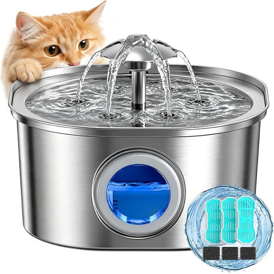 PEKTACO Cat Water Fountain, 3.2L Stainless Steel Pet Fountain, 3 Filters | 108oz capacity, LED water level window, ultra-quiet pump, dishwasher-safe tray, BPA-free, for cats and small dogs