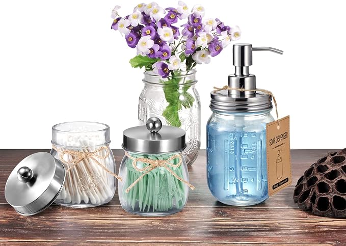SheeChung 4 Pack Apothecary Jars with Lids, Bathroom Organizers and Storage, Qtip Holders Set, Bathroom Decor, Small Mason Jars for Q-tips, Cottons, Floss, Balls, Cotton Swabs-Brushed Nickel