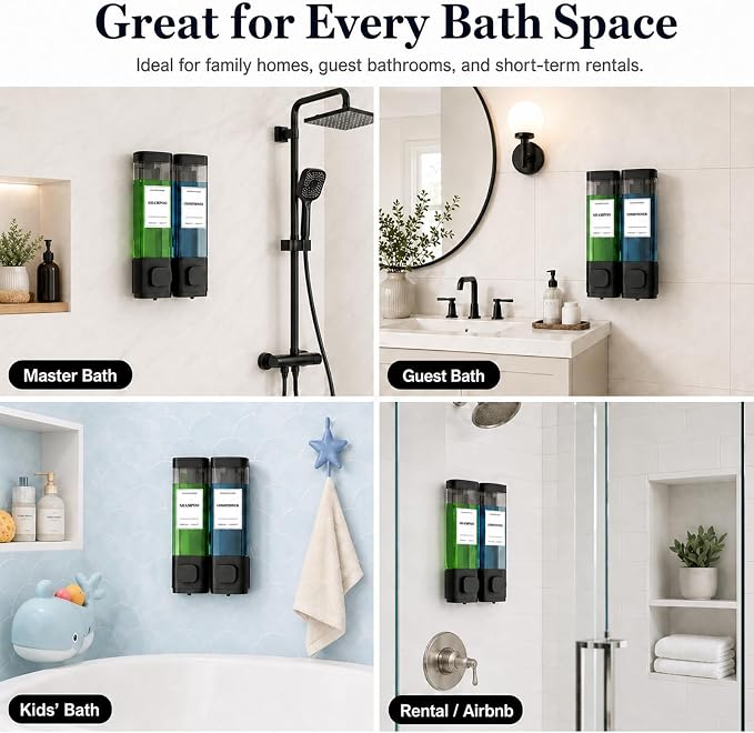 Shampoo and Conditioner Dispenser – Wall-Mounted Shower Soap Dispenser, No-Drill Installation, Lockable, 900 ml Capacity,for Bathroom & Hotel or Airbnb (Black, 2-Pack)