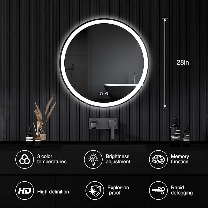 DUMOS 28 Inch Round LED Bathroom Mirror with Lights, Circle Vanity Mirror | Anti-Fog, Dimmable, 3-Color Light, Front Light and Backlit, Memory Function, Tempered Glass