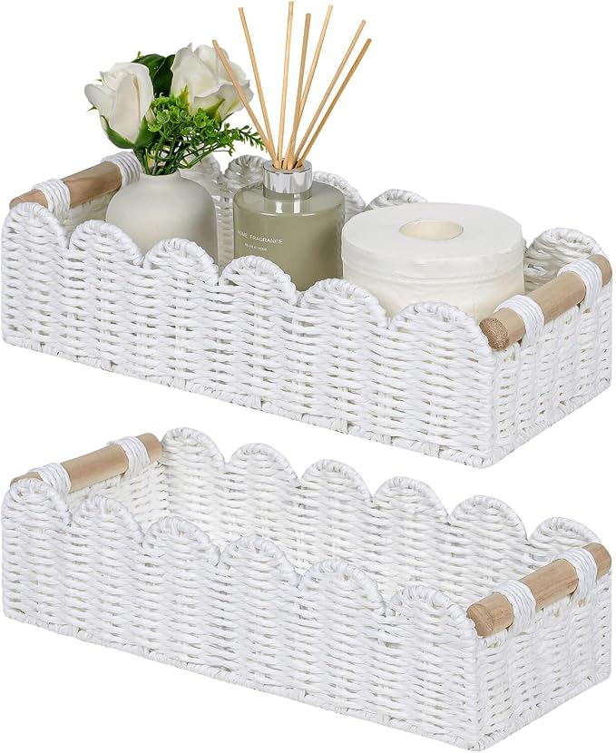 CubesLand Bathroom Basket Organizer, Toilet Tank Paper Storage Baskets 2-Pack, Scalloped Decorative Basket for Countertop w/Handle, Wicker Basket for Bathroom Decor, Home Decor, Living Room, White