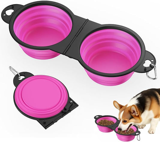 Pawaboo 2-in-1 Collapsible Dog Bowls, 180° Flip Over Dual Puppy Bowls | Food and Water Portable Silicone Dog Bowl with Metal Hook, 450ml Pet Travel Feeder Bowl for Walking Hiking Camping, Pink