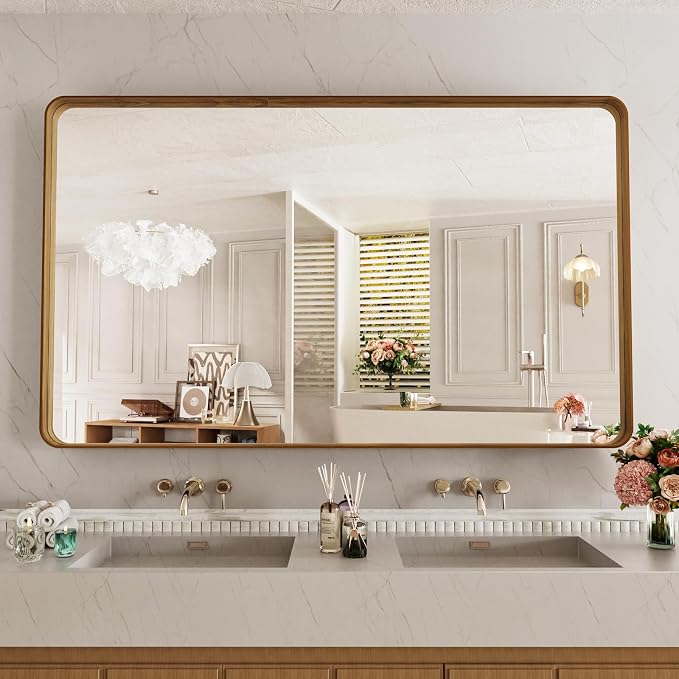 LOAAO 60X30 Inch Bathroom Mirror with Wood Grain Colored Metal Frame | Rounded Rectangle Metal Framed, Anti-Rust, Hangs Horizontally or Vertically, Tempered Glass