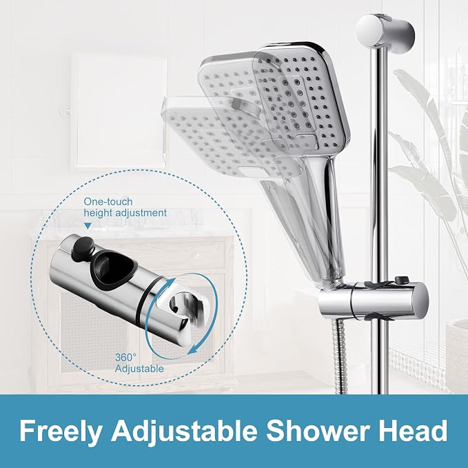 OFFO Shower Slide Bar Combo, Adjustable 31 in Slide Bar with 3-Mode Square Handheld Shower Head and 60 in Stainless Steel Hose, Screw Wall Mounted, Chrome Finish
