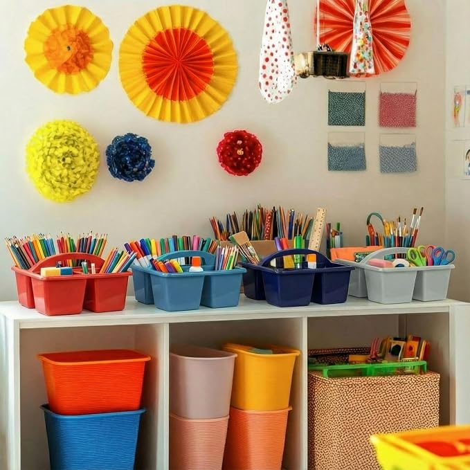 Kathfly 4 Pack Classroom Caddy Organizer with Handle, Plastic Art Craft Cleaning Caddy Bulk, Small Multipurpose Supply Organization Storage Basket for Table Desk Office Pencil Teacher (Blue Orange)