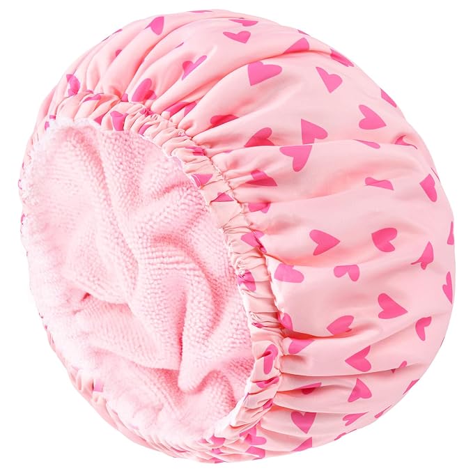 Shower Cap for Women Terry Lined Bath Cap Large Reusable Waterproof Elastic Pink Hearts Shower Caps for Long Thick Hair Soft Bath Shower Hair Caps