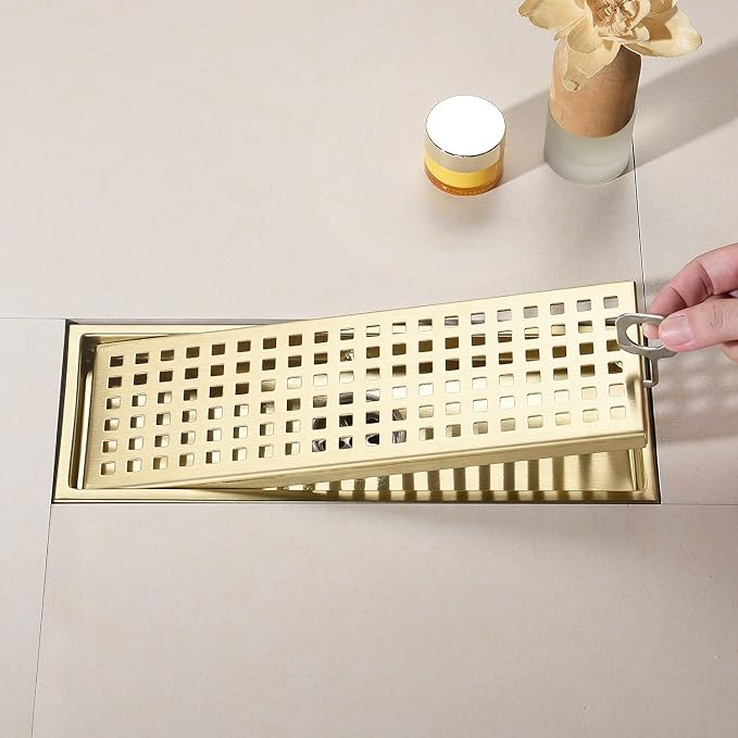 12 Inch Rectangular Shower Floor Drain, Can Be Detachably Inserted Into The Mesh Grille Cover, SUS304 Stainless Steel, Brushed Gold