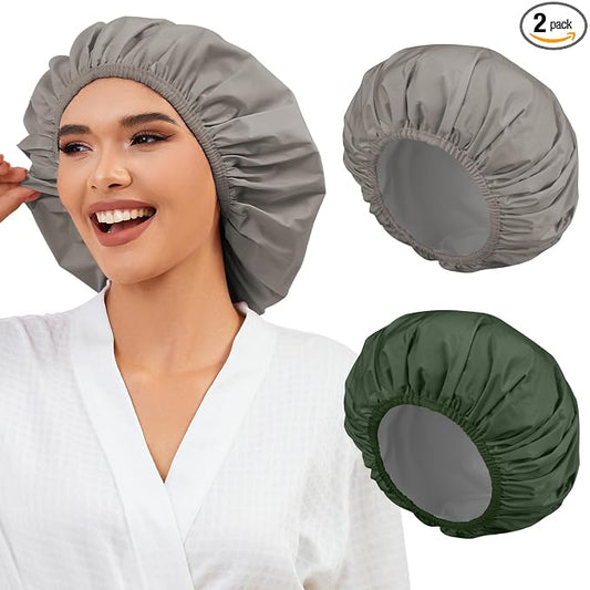 2 Pack Shower Caps for Women, Reusable Waterproof Shower Cap with Elastic Band, Thickened Waterproof Fabric Shower Bonnet for Braids, Long Hair