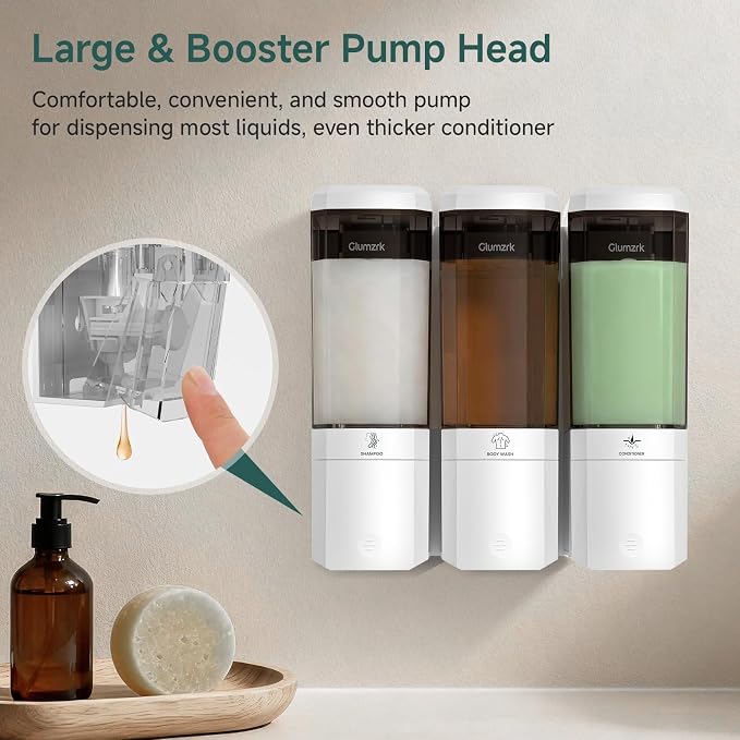 Shampoo and Conditioner Dispenser 3 Chamber 17oz No Drill Shower Soap Dispenser Wall Mounted Shampoo Conditioner Body Wash Refillable Bathroom Shower Dispenser (White+Smoke Gray 3 Chamber)