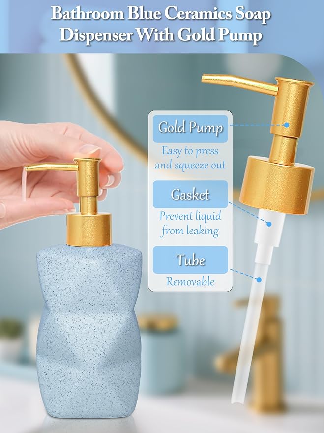 Bathroom Accessories Set - 4-Piece Ceramic Bathroom Set | Soap Dispenser, Toothbrush Holder, Tumbler, Soap Dish, Modern Blue Home Decor, Gift Idea for Housewarming