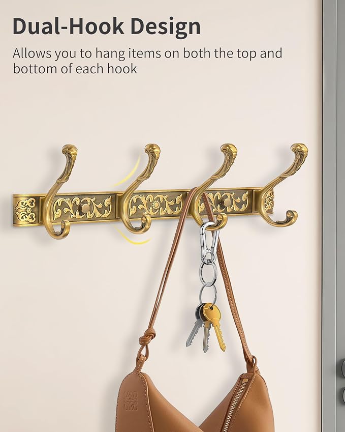 Vintage Coat Rack Wall Mount, Decorative Wall Coat Rack with 4 Hooks for Hanging Key Purse Hat Robe Towel Clothes Unique Hanger for Bathroom Shower Entryway Antique Brass 1 Pack