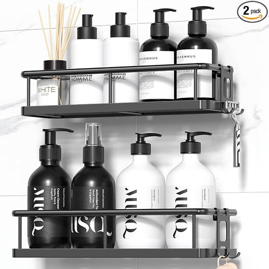 Shower Caddy Adhesive, Rustproof Shower Organizer, Large Capacity Shower Shelves for Inside Shower, No Drilling Bathroom Organizers and Storage for Home Decor （2 Pack Black）
