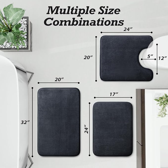 Bathroom Rugs Sets 3 Piece, Non-Slip & Quick Dry Bath Mat Set, Ultra Soft Velvet Bath Rugs for Bathroom, Toilet and Shower Floor, Dark Grey