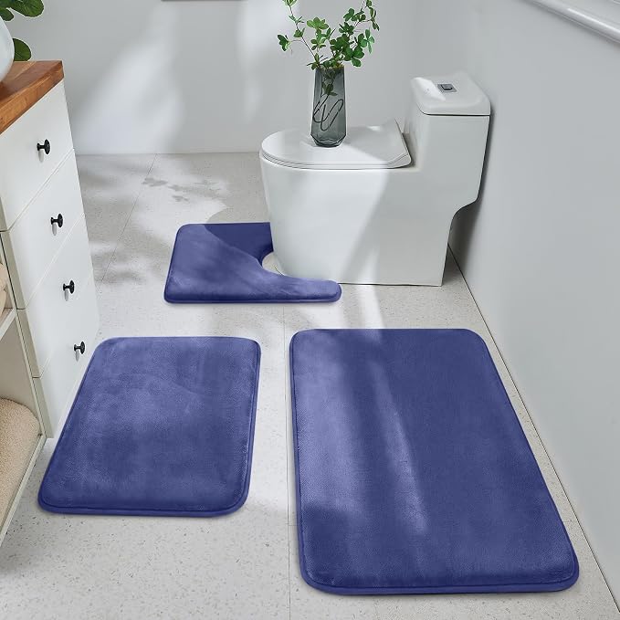 HUXMEYSON 3-Piece Memory Foam Bathroom Rug Set, Royal Blue | Quick Dry Velvet Surface, Non-Slip & PVC Backing, Ultra Soft Bath Rugs for Bathroom, 17"x24"+20"x32"+U Shape 20"x24"