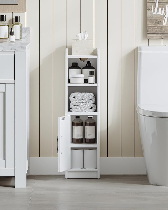 Hzuaneri Bathroom Storage Cabinet, Small Farmhouse Corner Floor Cabinet with Door and Shelves, Narrow Toilet Paper Holder Stand, Bathroom Organizer with Adjustable Shelf, for Small Spaces, White