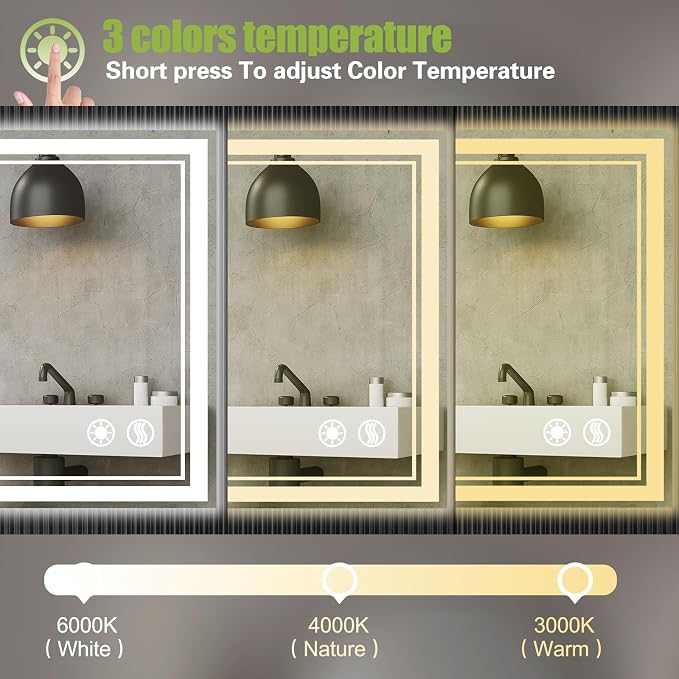 40 x 32'' LED Mirror for Bathroom, Dimmable 3 Colors, Anti-Fog | LED Bathroom Mirror with Lights, Lighted Vanity Mirror, Memory Function, Wall Mounted Home Decor Horizontal/Vertical