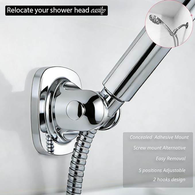 Wall Mount Handheld Shower Head Holder - 5 Angles Adjustable - Concealed Adhesive Mount - Screw Alternative - Bathroom Shower hose Holder (Polished Chrome)