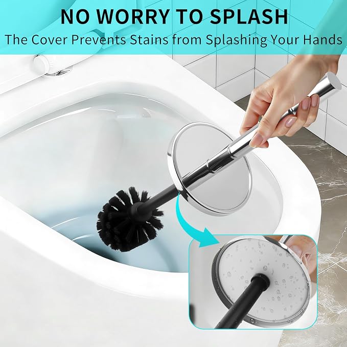 Stainless Steel Toilet Brush and Holder Set,Toilet Bowl Brush and Holder | Chrome Heavy Duty Toilet Brush for Bathroom with Long Handle,Removable Inner Bowl and Splash Protection,Deep Cleaning