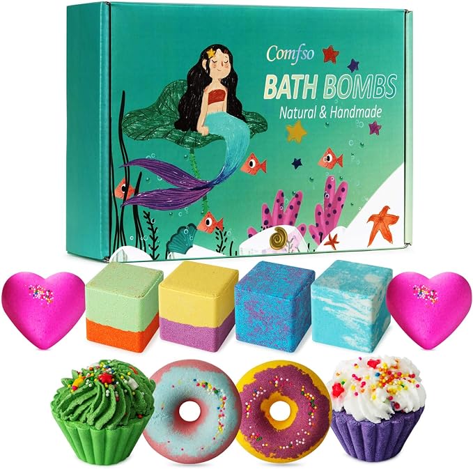 comfso Bath Bombs for Kids, 10 Bath Bomb Gift Set, Natural Bubble Bathbombs | Shea Butter Dry Skin Moisturize, Fizzy Spa Bath for Her Mom Women Kids Girls Girlfriend, Birthday Gifts