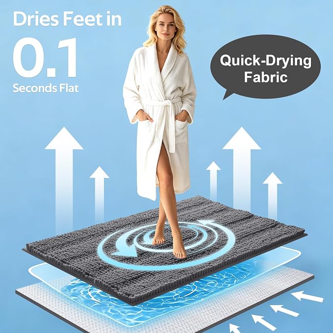 Striped Grey Bathroom Rug Mat Set 2 piece 24"x17"+48"x20" Ultra Soft, Non Slip Chenille Bath Rugs, Absorbent Plush Shaggy Bath Mats for Bathroom, Bedroom, Kitchen, Shower, Tub,Dark Gray, Charcoal