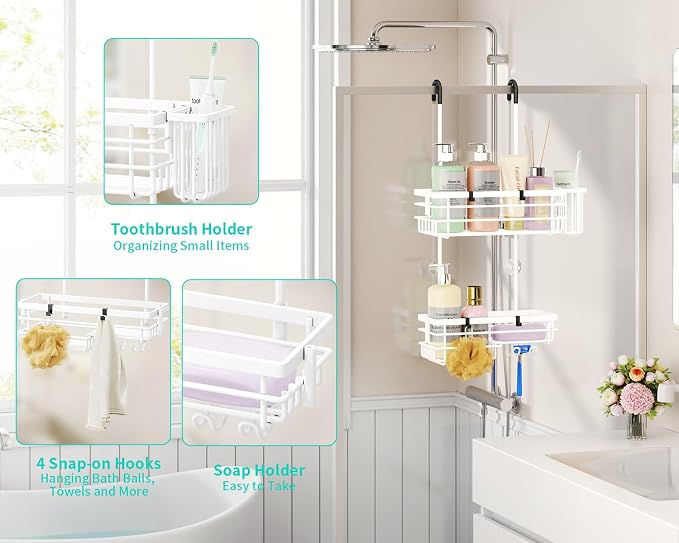 HapiRm Hanging Shower Caddy Organizer - No Drilling Shower Shelves with Hooks and Toothbrush Holder, Rustproof 304 Stainless Steel Bathroom Organizer - White