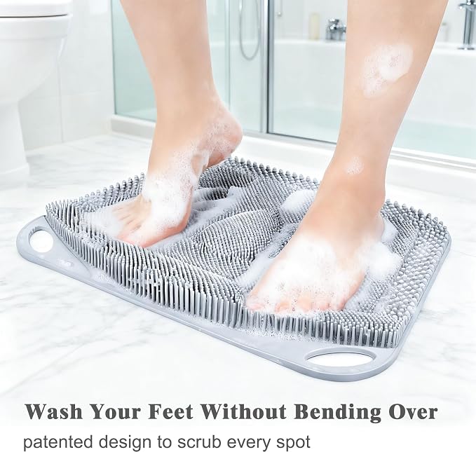FREATECH Silicone Shower Foot Scrubber Mat 17.3" x 13", Large Foot Cleaner Brush to Clean, Exfoliate and Massage Feet Without Bending Over, Improve Foot Appearance and Overall Health, Grey