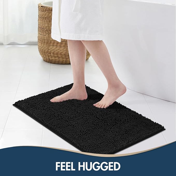 TREETONE Bathroom Rugs Sets, Thick Soft Absorbent 3 Piece Chenille Bath Rugs, Non-Slip, Dry Quickly, Machine Washable, Shaggy Mats with U-Shaped Toilet Rug for Bathroom Floor, Tub and Shower, Black