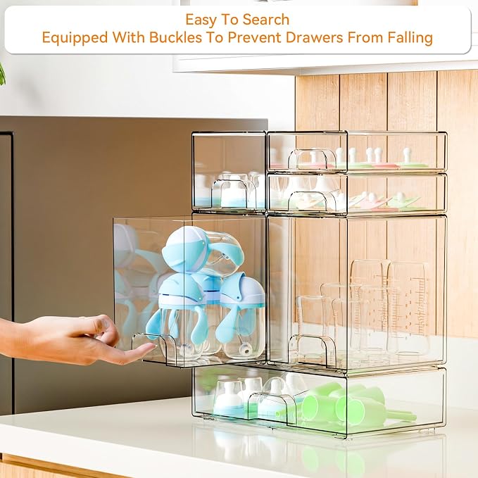 Yieach 6 Set Clear Baby Bottle Organizer for Countertop,BPA FREE Bottle Station Organizer for Breast Pump Parts,Pacifier and Baby Accessories,Stackable Drawers for Bathroom,Cabinet,Pantry Organization