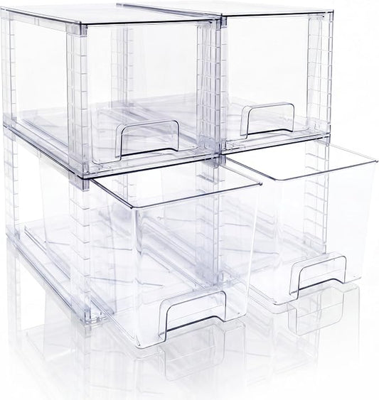Medium Clear Stackable Storage Drawers (4 Pack), High-strength Acrylic Organizer Bins with Handles, Plastic Drawers for Fridge Bathroom Cabinet Closet Undersink Pantry Kitchen Makeup Storage