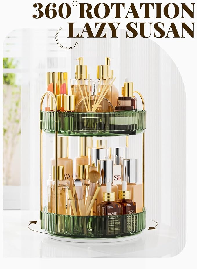 Bathroom Organizer Countertop, Rotating Makeup Organizer for Vanity, Clear Under Sink Organizers, Vanity Tray Shelf for Cosmetic, Skin Care, Perfume (Green, 2 Tier)