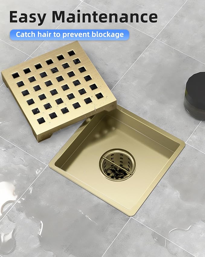 4 Inch Titanium Gold Shower Drain, Modern 304 Stainless Steel Square Shower Drain for Bathroom, Brushed Gold Shower Floor Drain with Grate Removable, Hair Strainer