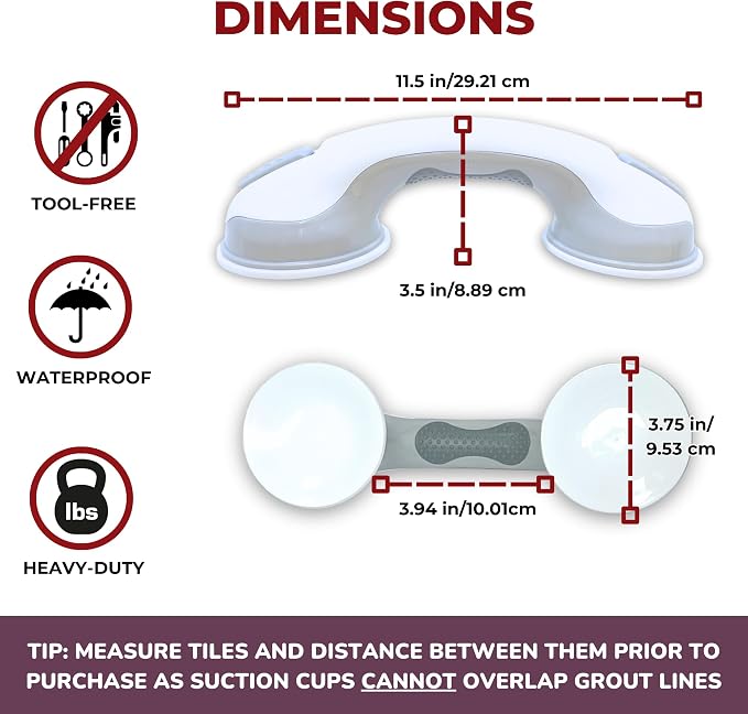 Safe-er-Grip Safe-er-Grip Changing Lifestyles Suction Cup Grab Bars for Bathtubs & Showers; Safety Bathroom Assist Handle, White & Grey, 12 inches (Pack of 3)
