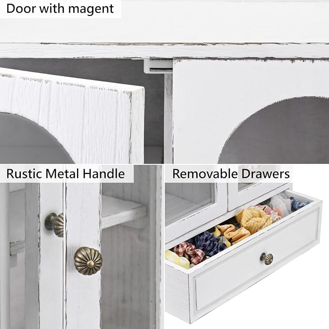 Ikee Design Wooden Countertop Storage Cabinet with Magnetic Door, Adjustable Shelves, Removable Hooks and Drawer for Perfume, Makeup, Pantry, Antique White, 12.2 W x 6 D x 15.7 H in