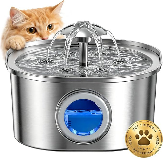 PEKTACO Cat Water Fountain, 3.2L Stainless Steel Pet Fountain, 1 Filter | 108oz capacity, LED water level window, ultra-quiet pump, dishwasher-safe tray, BPA-free, for cats and small dogs