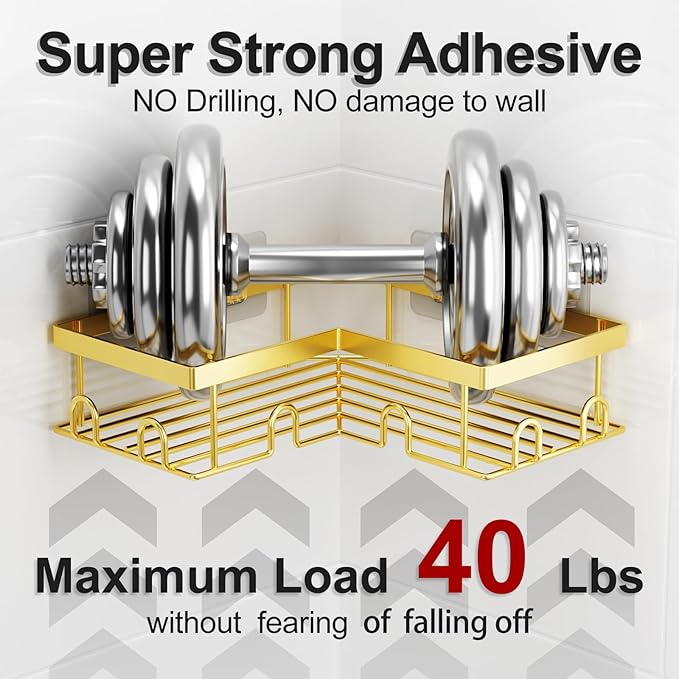 Liuoud Corner Shower Caddy 5 Pack, Rustproof Stainless Steel Shower Organizer with Soap Rack Toothbrush Holder, Large Capacity Adhesive No Drilling Bathroom Kitchen&Home Decor Set, Gold