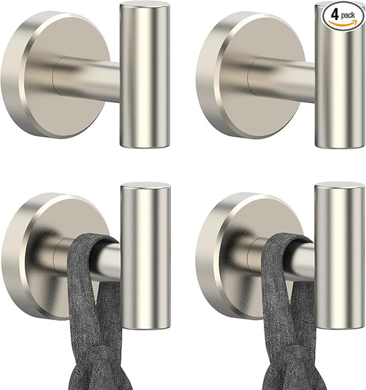 RARXTR Brushed Nickel Towel Hook, Coat Robe Clothes Hook for Kitchen Garage Wall Mounted 4 Pack, 304 Stainless Steel, Heavy Duty Door Hanger, Cabinet Closet Wall Hook for Hotel Pool (Brushed Nickel)