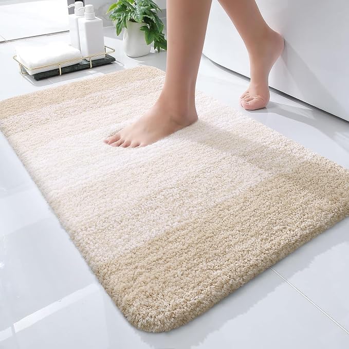 OLANLY Small Bathroom Rugs 24x16, Extra Soft Absorbent Microfiber Bath Rugs | Light Beige, Non-Slip Quick-Drying Rubber Backing, Washable Plush Bath Mat for Floor, Tub and Shower, Home Decor Accessories