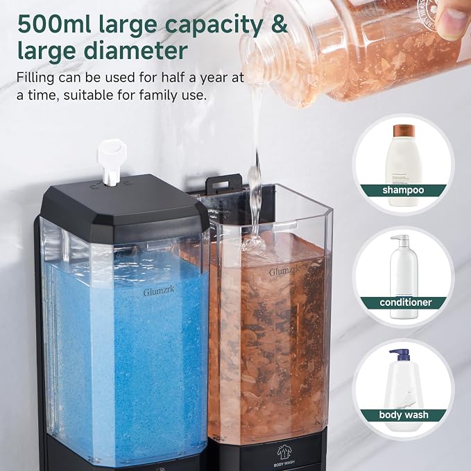 Shampoo and Conditioner Dispenser 2 Chamber No Drill Shampoo Dispenser for Shower Wall Mounted Shower Soap Dispenser 2 * 500ml Refillable Shower Dispenser for Bathroom Hotel(Black 2 Chamber)