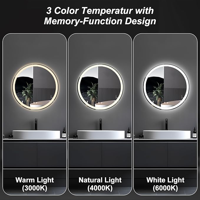 DUMOS 24 Inch Round LED Bathroom Mirror with Lights, Circle Vanity Mirror | Anti-Fog, Dimmable, 3-Color Light, Front Light and Backlit, Memory Function, Tempered Glass