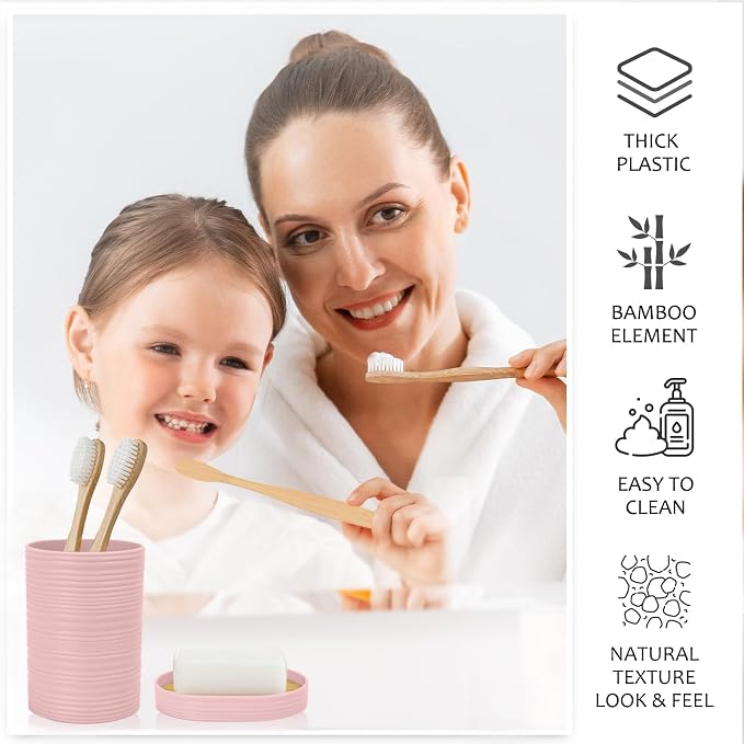 CERBIOR Bamboo Bathroom Accessories Set 6 Piece Spiral Bath Ensemble（Pink） | Includes Soap Dispenser, Toothbrush Holder, Toothbrush Cup, Soap Dish for Decorative Countertop and Housewarming Gift, Pink