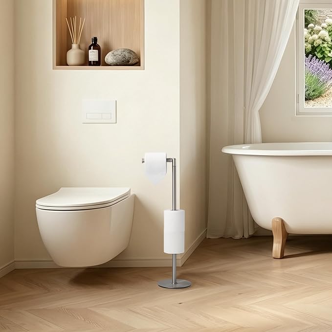 BGL Freestanding Toilet Paper Holder, Tissue Holder On Floor with Reserve Storage Paper Rolls, Roll Paper Holder Standing On Floor (Brushed Nickel)