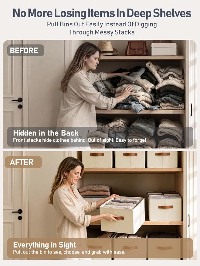 6 Pack Large Closet Storage Baskets Bins for Shelves, Collapsible Fabric Closet Organizers and Storage with Polyester Handles, Decorative Baskets for Organizing Clothes, Towels, Linen Closet 16x12x10"