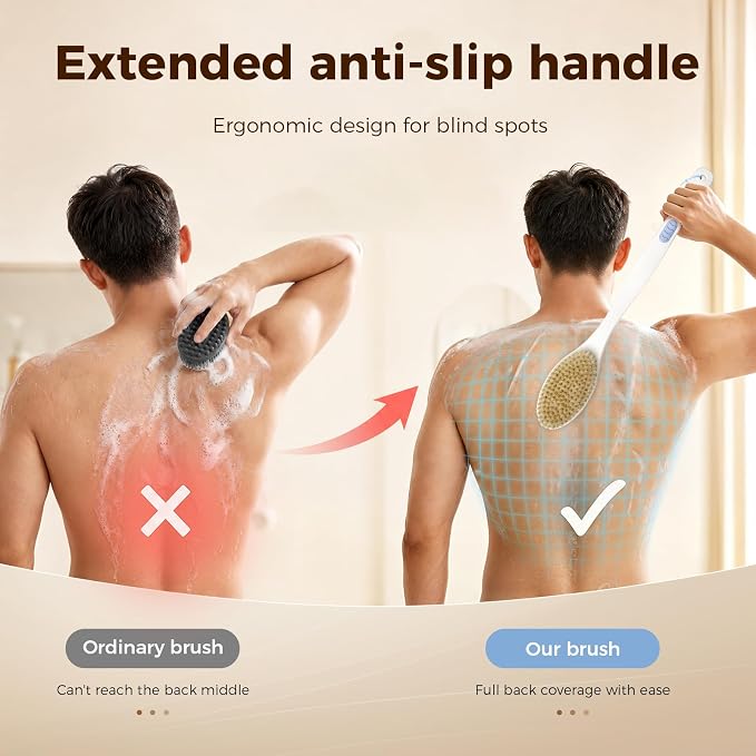 Back Scrubber for Shower with Long Handle, Blue | Double Sided Bristles (Stiff & Soft), Anti-Slip Grip, Lightweight - Gift for Seniors, Includes Lanyard & Hook
